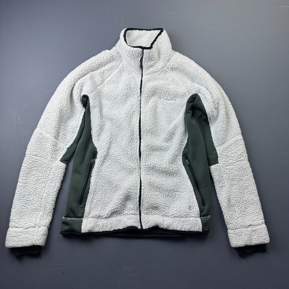 Columbia Fleece Jacket Women's L White Gray Sherpa Full Zip Outdoor Hiking Warm